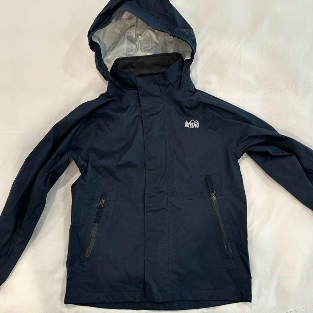 REI co-op kids size small navy blue windbreaker rainier rain jacket